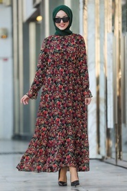 Neva Style - Çiçek Desenli Kırmızı Tesettür Elbise 100660K - Thumbnail