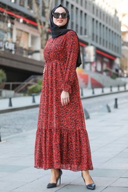 Neva Style - Çiçek Desenli Kırmızı Tesettür Elbise 10066K - Thumbnail