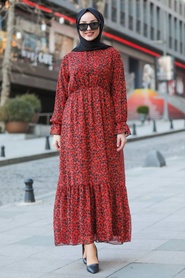 Neva Style - Çiçek Desenli Kırmızı Tesettür Elbise 10066K - Thumbnail