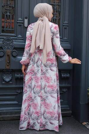 Neva Style - Çiçek Desenli Kırmızı Tesettür Elbise 279060K - 3