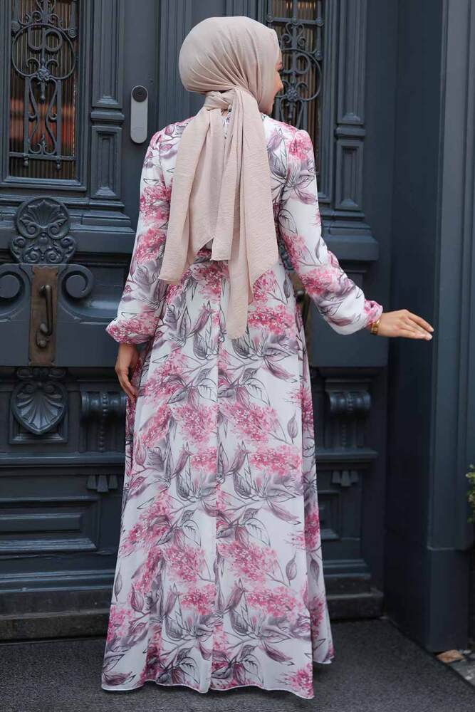 Neva Style - Çiçek Desenli Kırmızı Tesettür Elbise 279060K - 3