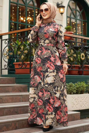  Çiçek Desenli Kırmızı Tesettür Elbise 279312K - 1