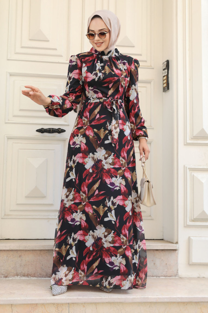 Neva Style - Çiçek Desenli Kırmızı Tesettür Elbise 27941K - 1
