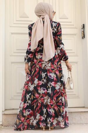 Neva Style - Çiçek Desenli Kırmızı Tesettür Elbise 27941K - 3