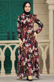 Neva Style - Çiçek Desenli Kırmızı Tesettür Elbise 27941K - Thumbnail