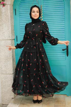 Neva Style - Çiçek Desenli Kırmızı Tesettür Elbise 35721K - 1