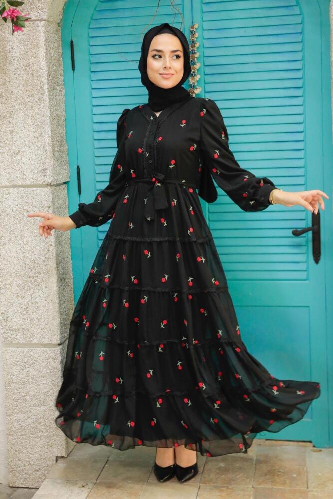 Neva Style - Çiçek Desenli Kırmızı Tesettür Elbise 35721K - NEVA STYLE