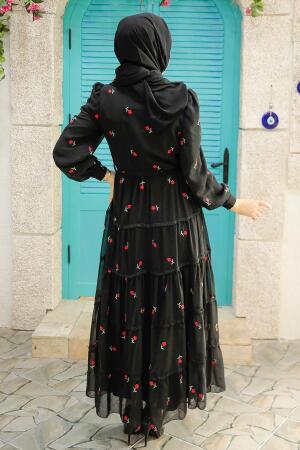 Neva Style - Çiçek Desenli Kırmızı Tesettür Elbise 35721K - 3