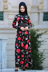 Neva Style - Çiçek Desenli Kırmızı Tesettür Kadife Elbise 7857K - Thumbnail