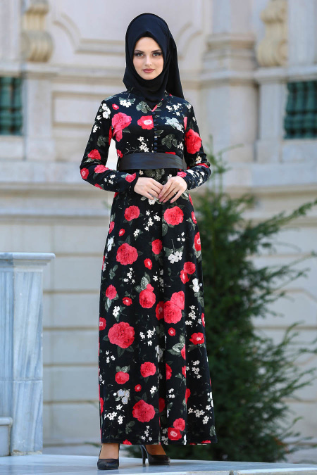 Neva Style - Çiçek Desenli Kırmızı Tesettür Kadife Elbise 7857K
