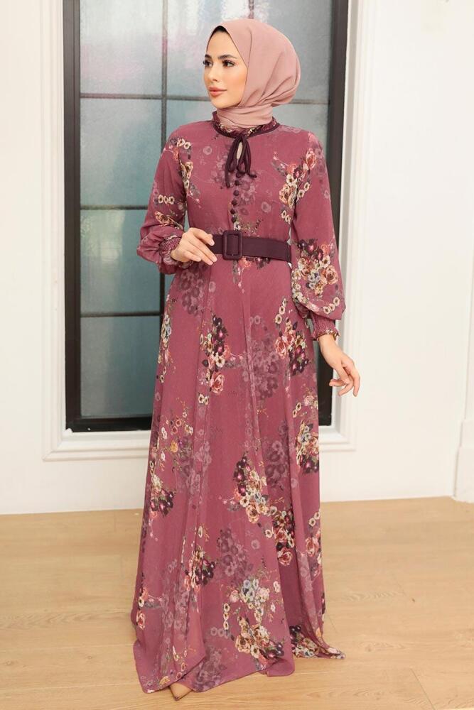Neva Style - Çiçek Desenli Koyu Gül Kurusu Tesettür Elbise 1198KGK - 1