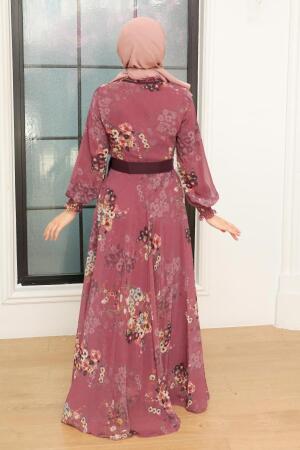 Neva Style - Çiçek Desenli Koyu Gül Kurusu Tesettür Elbise 1198KGK - 2