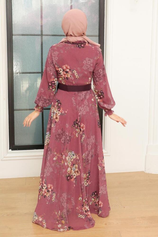 Neva Style - Çiçek Desenli Koyu Gül Kurusu Tesettür Elbise 1198KGK - 2