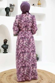 Neva Style - Çiçek Desenli Koyu Gül Kurusu Tesettür Elbise 279014KGK - Thumbnail