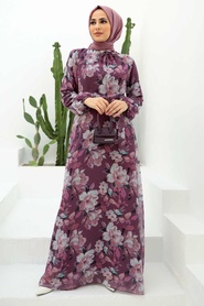 Neva Style - Çiçek Desenli Koyu Gül Kurusu Tesettür Elbise 279015KGK - Thumbnail