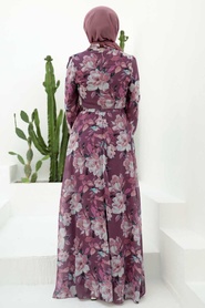 Neva Style - Çiçek Desenli Koyu Gül Kurusu Tesettür Elbise 279015KGK - Thumbnail