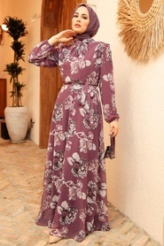 Neva Style - Çiçek Desenli Koyu Gül Kurusu Tesettür Elbise 279020KGK - Thumbnail