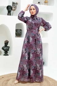 Neva Style - Çiçek Desenli Koyu Gül Kurusu Tesettür Elbise 279024KGK - Thumbnail