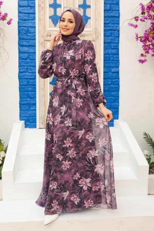  Çiçek Desenli Koyu Gül Kurusu Tesettür Elbise 279068KGK - 1