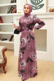 Neva Style - Çiçek Desenli Koyu Gül Kurusu Tesettür Elbise 279070KGK - Thumbnail