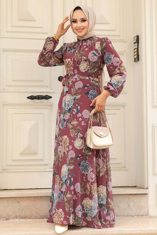 Neva Style - Çiçek Desenli Koyu Gül Kurusu Tesettür Elbise 279083KGK - 1