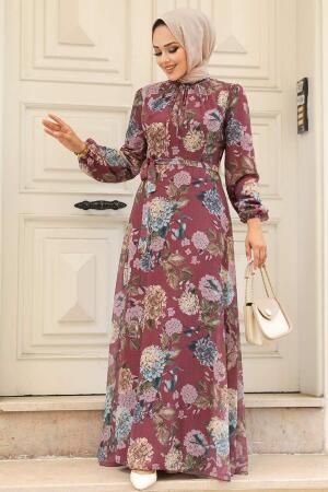Neva Style - Çiçek Desenli Koyu Gül Kurusu Tesettür Elbise 279083KGK - 2