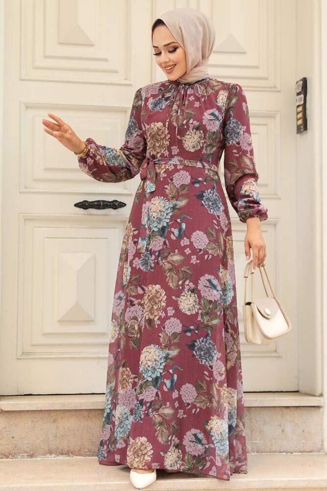 Neva Style - Çiçek Desenli Koyu Gül Kurusu Tesettür Elbise 279083KGK - 2