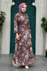 Neva Style - Çiçek Desenli Koyu Gül Kurusu Tesettür Elbise 279083KGK - Thumbnail