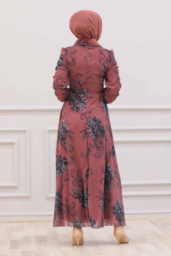 Neva Style - Çiçek Desenli Koyu Gül Kurusu Tesettür Elbise 27921KGK - 2