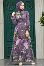 Neva Style - Çiçek Desenli Koyu Gül Kurusu Tesettür Elbise 27942KGK - Thumbnail