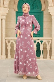 Neva Style - Çiçek Desenli Koyu Gül Kurusu Tesettür Elbise 32944KGK - Thumbnail