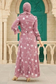 Neva Style - Çiçek Desenli Koyu Gül Kurusu Tesettür Elbise 32944KGK - Thumbnail
