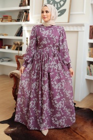 Neva Style - Çiçek Desenli Koyu Gül Kurusu Tesettür Elbise 56830KGK - Thumbnail