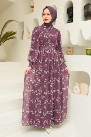 Neva Style - Çiçek Desenli Koyu Gül Kurusu Tesettür Elbise 5683KGK - 1