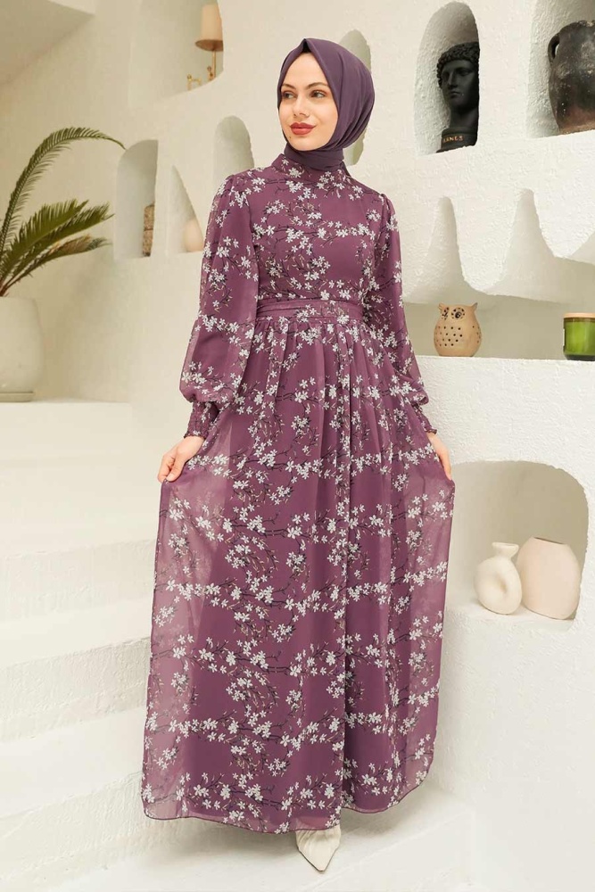Neva Style - Çiçek Desenli Koyu Gül Kurusu Tesettür Elbise 5683KGK - 1