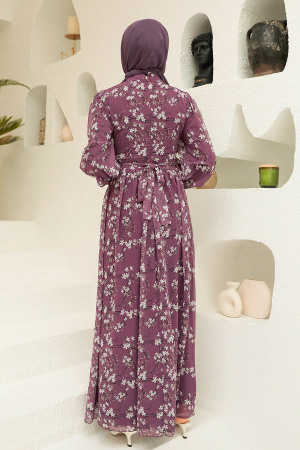 Neva Style - Çiçek Desenli Koyu Gül Kurusu Tesettür Elbise 5683KGK - 2