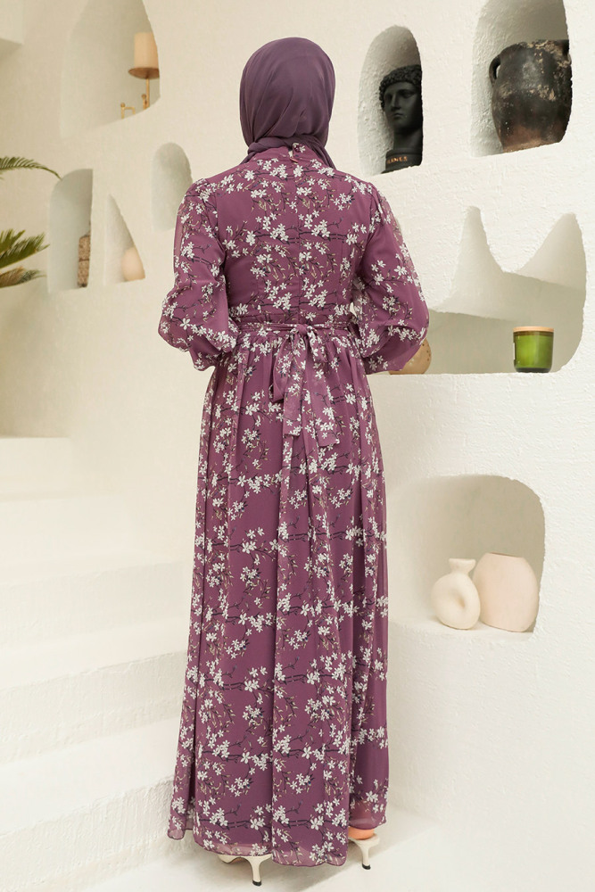 Neva Style - Çiçek Desenli Koyu Gül Kurusu Tesettür Elbise 5683KGK - 2