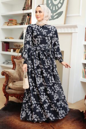 Neva Style - Çiçek Desenli Koyu Lacivert Tesettür Elbise 56830KL - 3