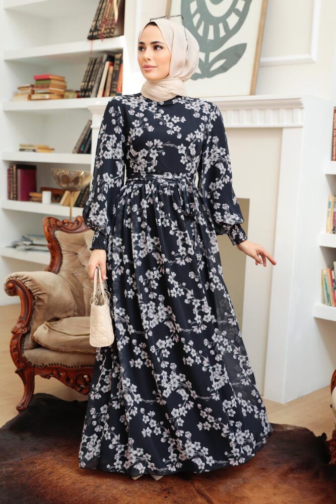 Neva Style - Çiçek Desenli Koyu Lacivert Tesettür Elbise 56830KL - 3