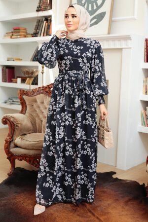 Neva Style - Çiçek Desenli Koyu Lacivert Tesettür Elbise 56830KL - 2