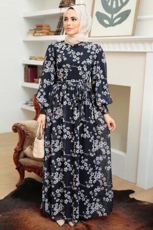 Neva Style - Çiçek Desenli Koyu Lacivert Tesettür Elbise 56830KL - 1