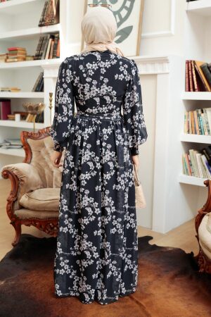 Neva Style - Çiçek Desenli Koyu Lacivert Tesettür Elbise 56830KL - 4