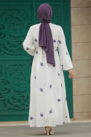 Neva Style - Çiçek Desenli Koyu Lila Tesettür Elbise 13321KLILA - Thumbnail