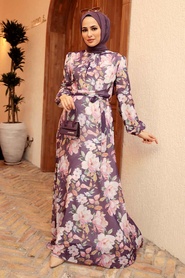 Neva Style - Çiçek Desenli Koyu Lila Tesettür Elbise 279015KLILA - Thumbnail