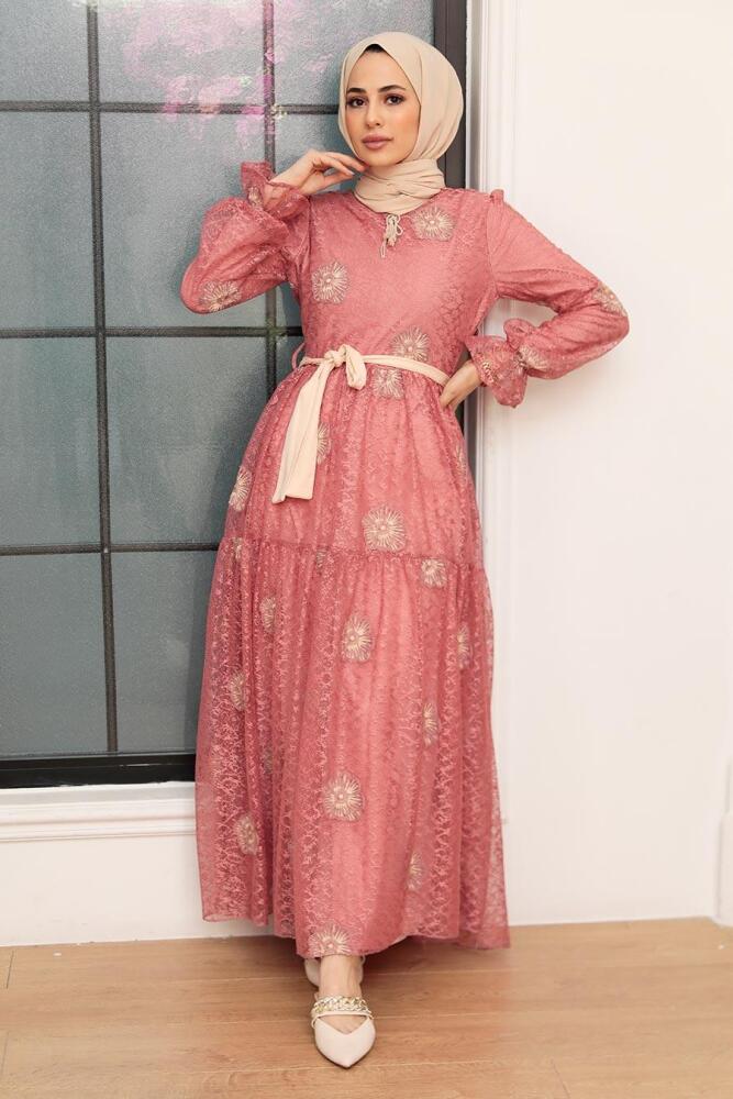 Neva Style - Çiçek Desenli Koyu Somon Tesettür Elbise 1216KSMN - 1