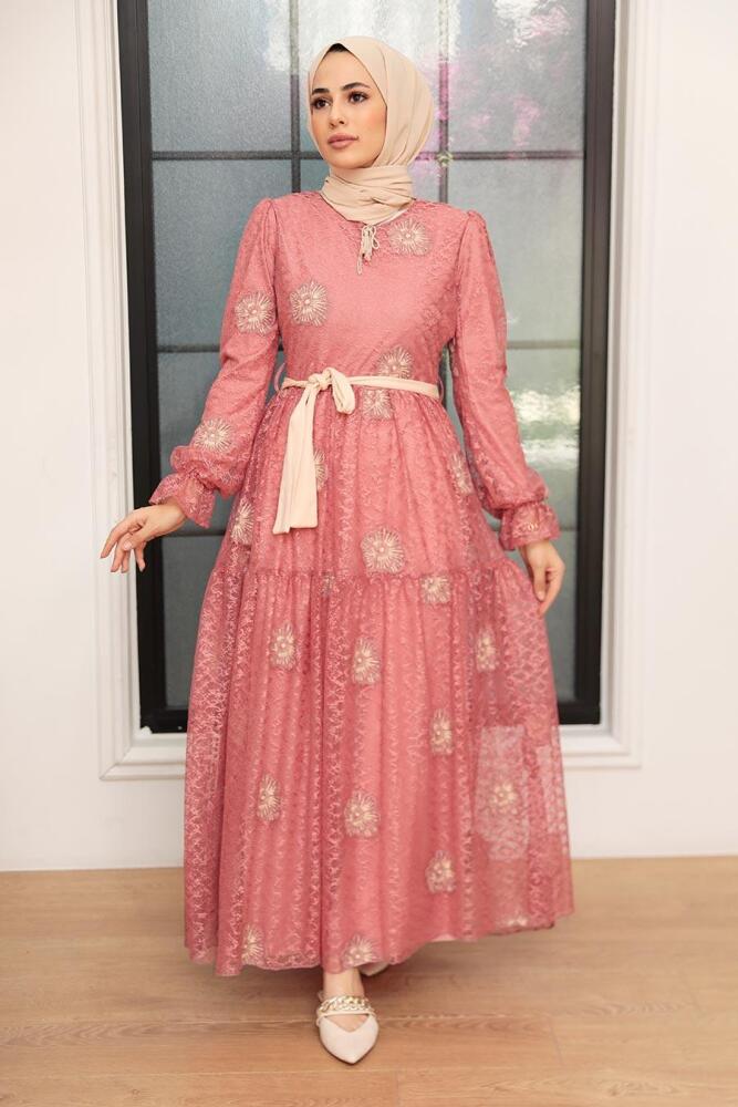 Neva Style - Çiçek Desenli Koyu Somon Tesettür Elbise 1216KSMN - 2
