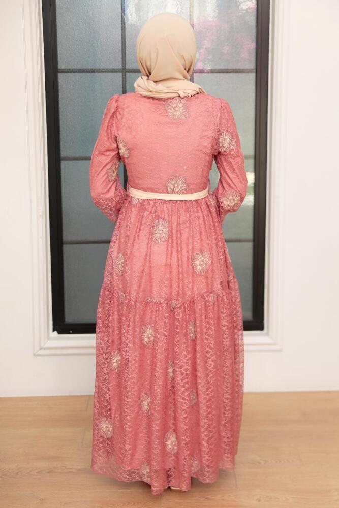 Neva Style - Çiçek Desenli Koyu Somon Tesettür Elbise 1216KSMN - 3