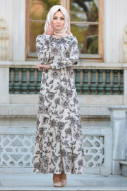 Neva Style - Çiçek Desenli Krem Tesettür Elbise 100112KR - Thumbnail
