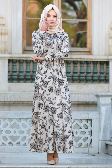 Neva Style - Çiçek Desenli Krem Tesettür Elbise 100112KR