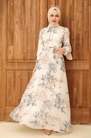Neva Style - Çiçek Desenli Krem Tesettür Elbise 279062KR - Thumbnail